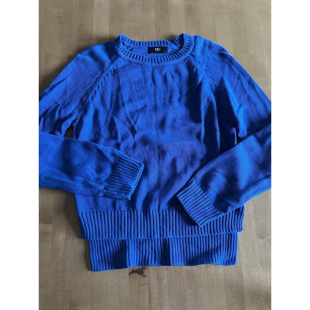 Able High Low Crew Neck Pullover Royal Blue Sweater Sz S Small Organic Cotton